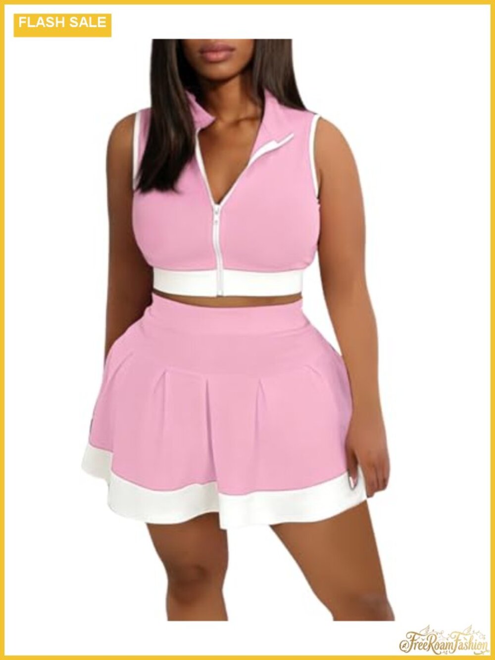 Women 2 Piece Skirt Set Cropped Zip Top Pleated Mini Tennis Golf Outfit
